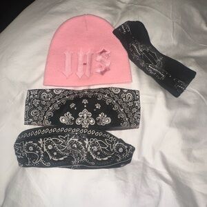 Motorcycle headwear 
Pink Beanie and Black Bandana Sets